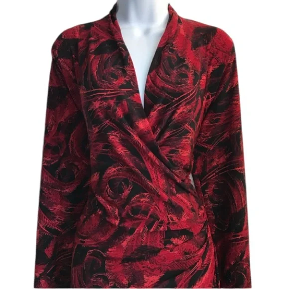 Norma Kamali red & black feather print faux wrap ls jersey dress size L in EUC - Picture 5 of 15